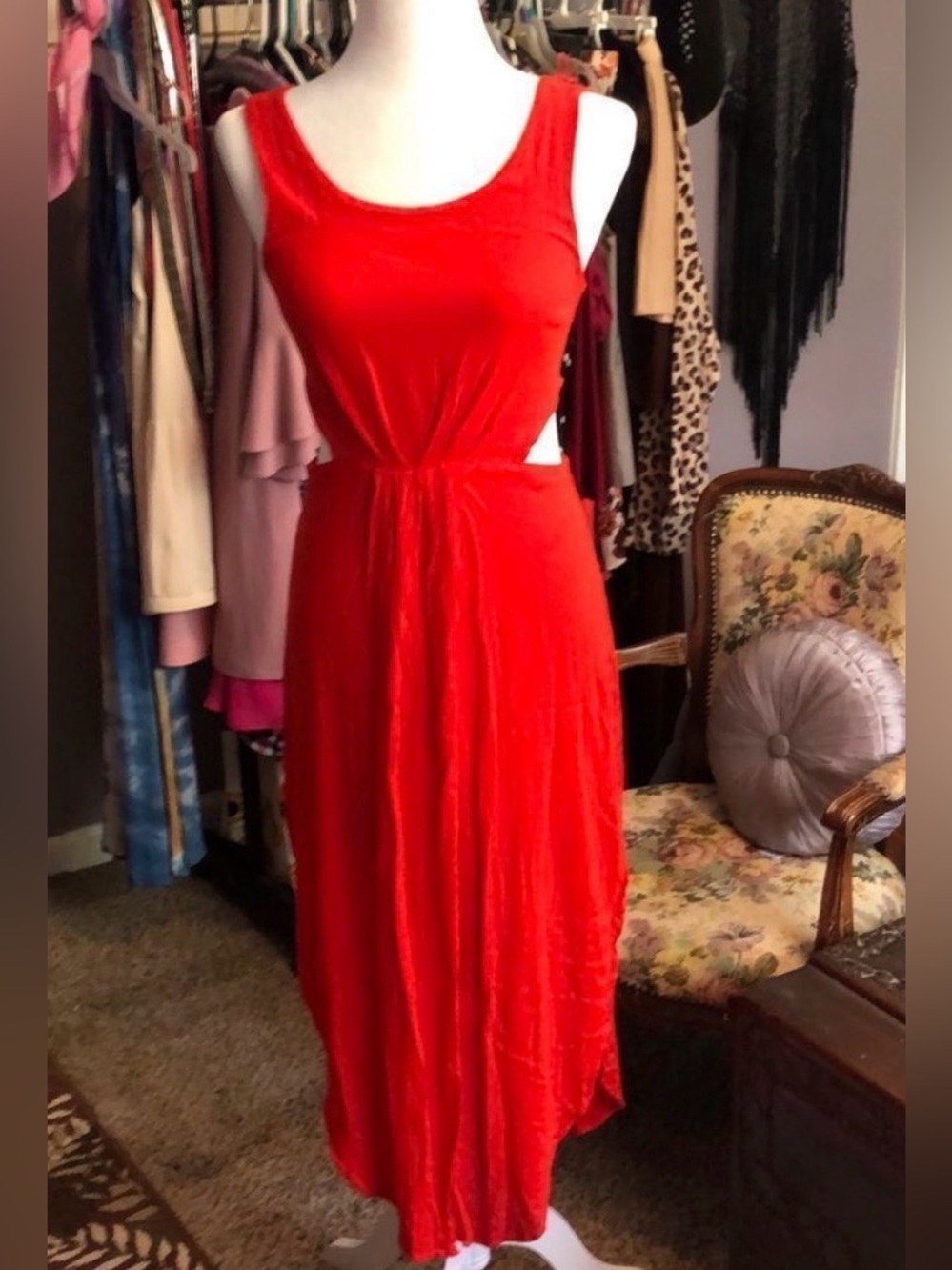 LUSH Red body-hugging Tank Dress w/Cut-Outs & Skirt Overlay! Sz Med